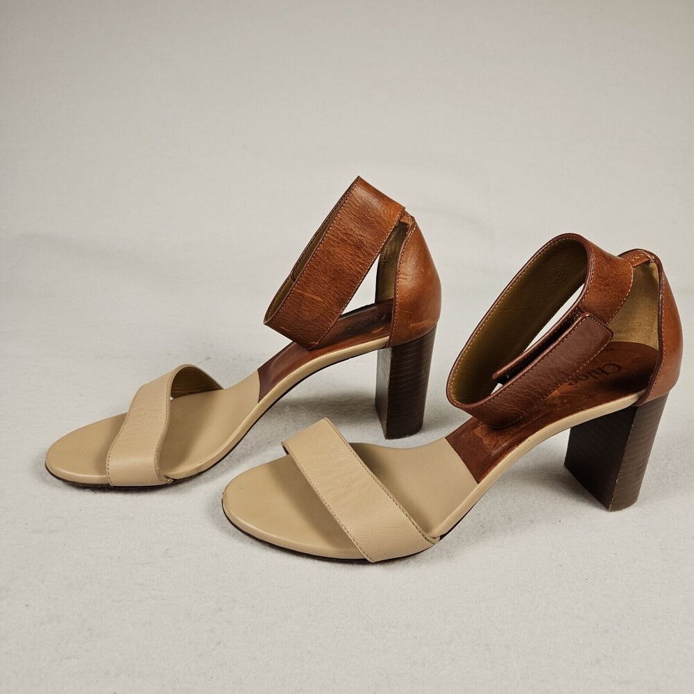 Chloe Gala Sandals 37.5 Block Heels Open Toe Ankle Strap Brown Nude Designer 7.5